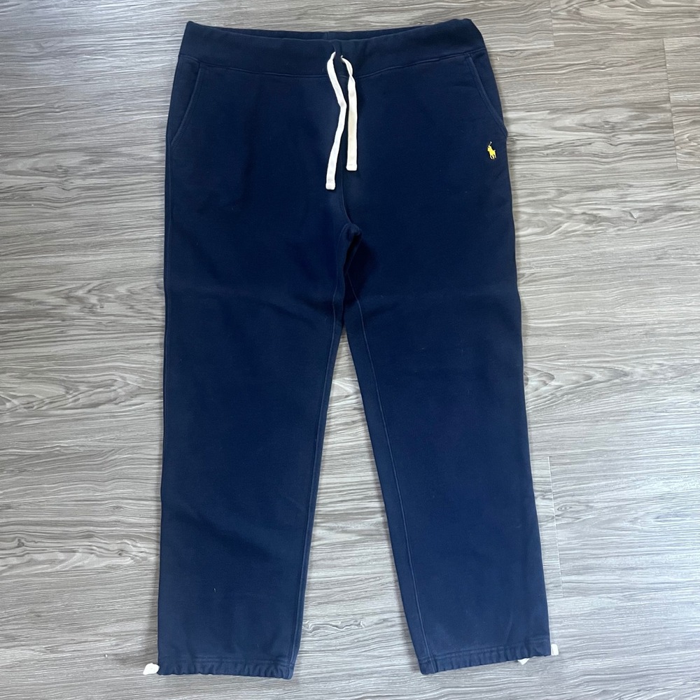 Polo Ralph Lauren Mens XL Navy Blue Fleece Sweatpants Yellow Pony Drawstring Hem